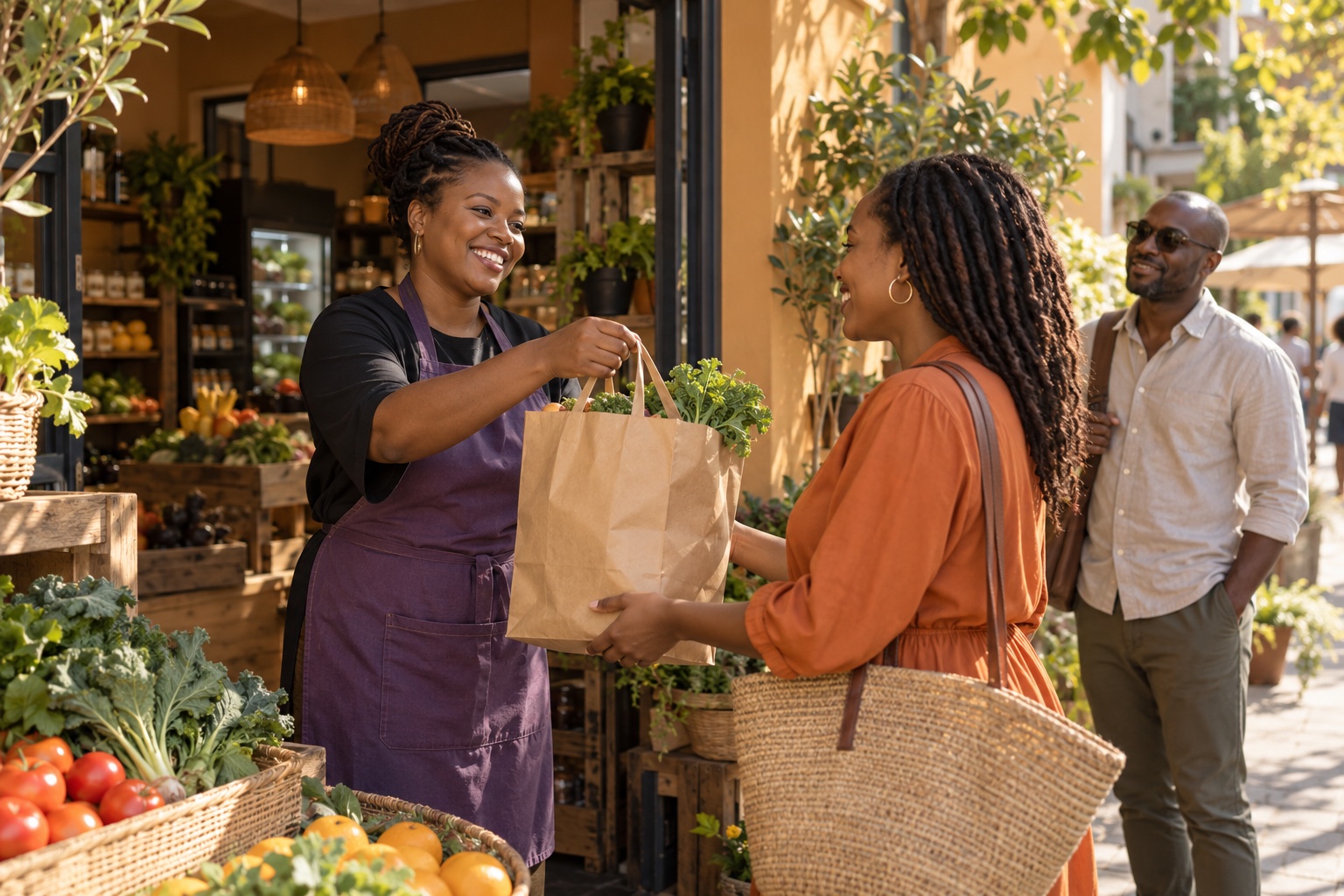 Illustrative scene of a local shop owner handing groceries to a customer
