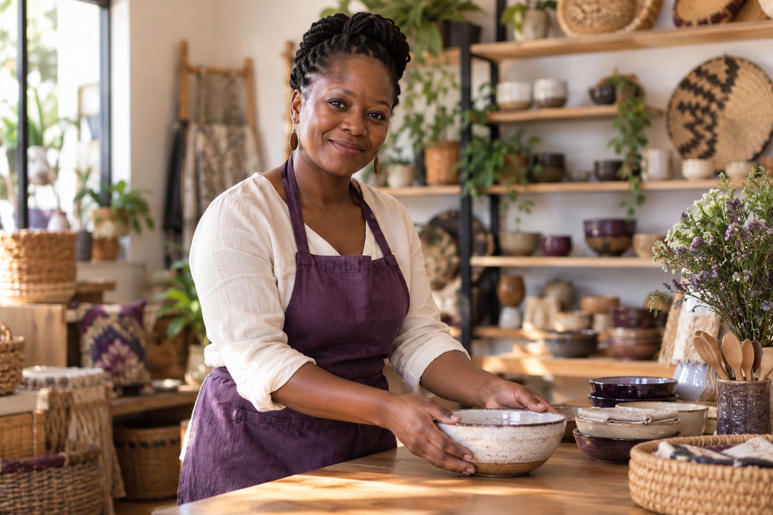 Illustrative small business owner arranging handmade goods